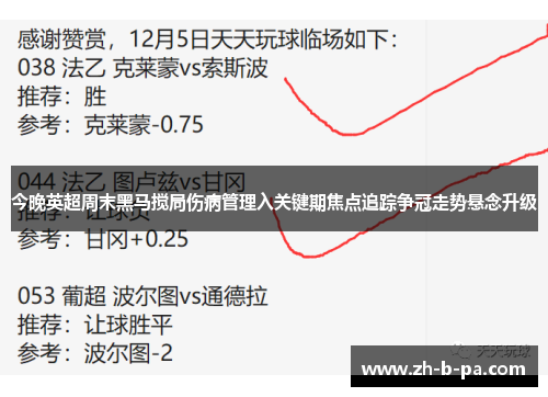 今晚英超周末黑马搅局伤病管理入关键期焦点追踪争冠走势悬念升级 今晚英超周末黑马搅局伤病管理入关键期焦点追踪争冠走势悬念升级